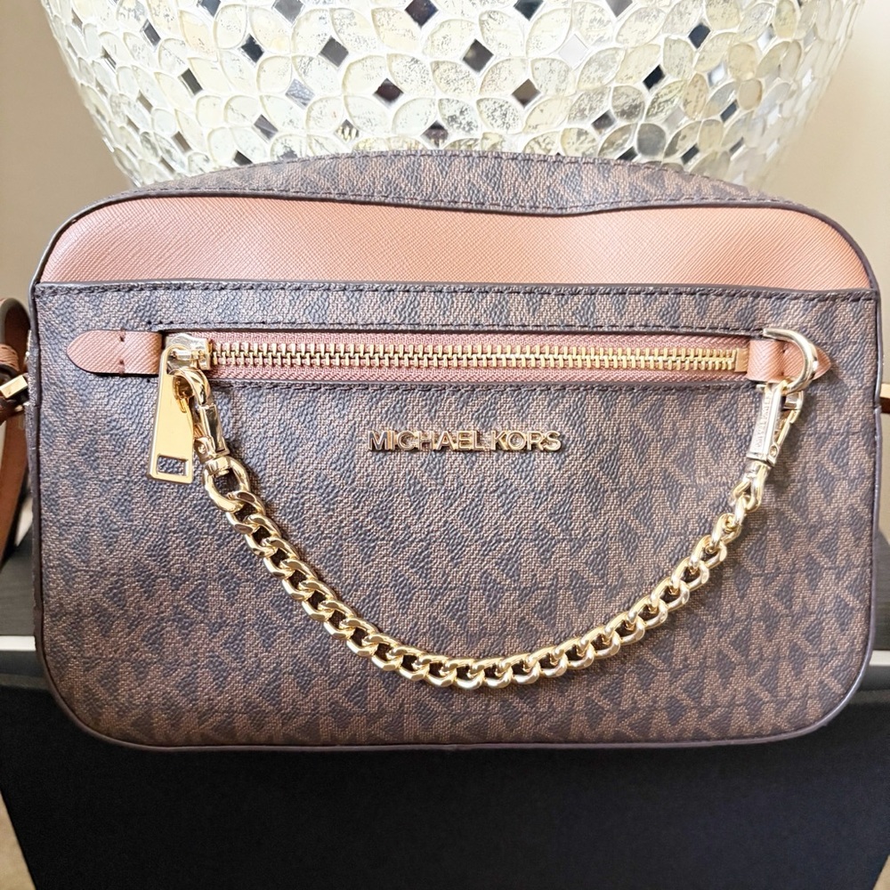 Michael Kors Brown Crossbody Bag with Monogram Pattern and Gold Hardware